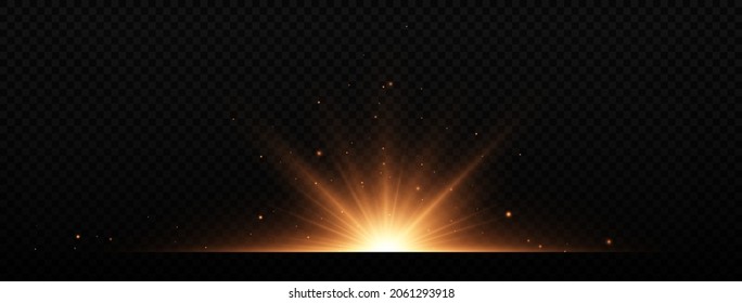 Brights golden flashe on black background. Shining stars, beautiful golden rays. Optical flare.