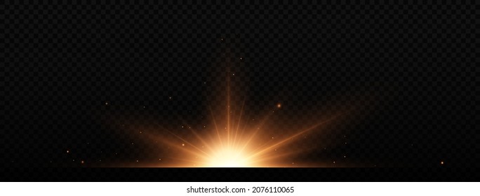 Brights golden flashes on black background. Shining stars, beautiful golden rays. Optical flares.