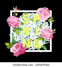 Bright-yellow inscription Spring in a square frame with blooming flowers of light-blue phloxes, lovely pink roses, buds, green leaves on a black background. Luxury floral background