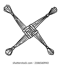 Brigid's Cross made of straw hand-drawn doodle isolated icon. Wiccan pagan sketched symbol. Isolated vector element, Hand drawn lineart illustration for prints, designs, cards. svg