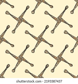Brigid's Cross made of straw hand-drawn seamless pattern. Wiccan pagan print background. Stock texture tile svg