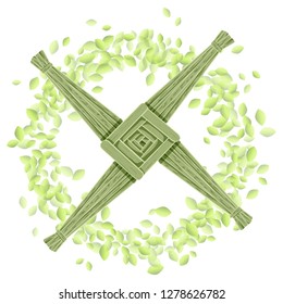 Brigid's Cross in a wreath of green leaves. Imbolc pagan holiday template Vector postcard