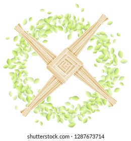 Brigid's Cross in a wreath of leaves. Imbolc pagan holiday template Vector postcard svg