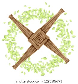 Brigid's Cross in a wreath of leaves. Imbolc pagan holiday template Vector postcard svg