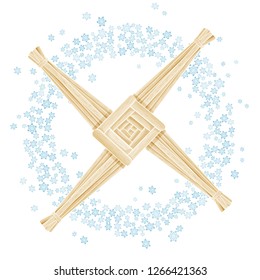 Brigid's Cross in a wreath of snowflakes. Imbolc pagan holiday template Vector postcard svg