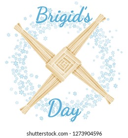 Brigid's Day beginning of spring pagan holiday text in a wreath of snowflakes with Brigid's Cross. Vector postcard svg