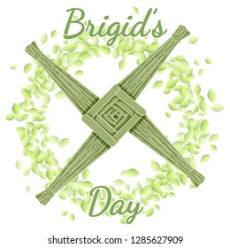 Brigid's Day. Beginning of spring pagan holiday. Brigid's Cross in a wreath of green leaves svg