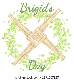 Brigid's Day. Beginning of spring pagan holiday. Brigid's Cross in a wreath of green leaves