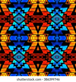 Brignt colored boho chic seamless pattern with tribal aztec elements. Made in low poly triangular style.