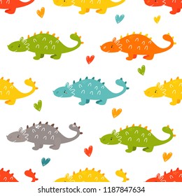 Brigt seamless pattern with cute hand drawn dinos