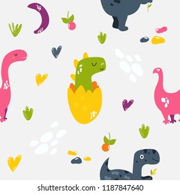 Brigt seamless pattern with cute hand drawn dinos trex and diplodocus