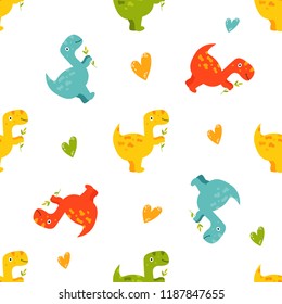 Brigt seamless pattern with cute hand drawn dinos