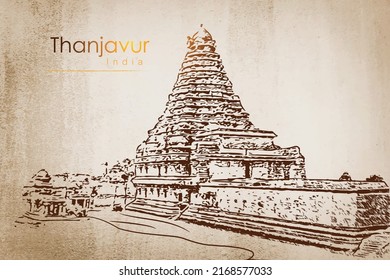 Templo Brihadisvara, Thanjavur Tamil Nadu, ilustración del dibujo a mano vectorial al sur de India