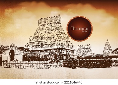  Templo Brihadisvara, Thanjavur Tamil Nadu, Dibujo manual ilustración vectorial de fondo tradicional al sur de India.        