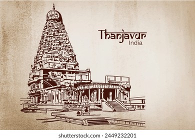 Templo Brihadisvara, Thanjavur Tamil Nadu, dibujo a mano Ilustración vectorial de fondo tradicional sur de la India.