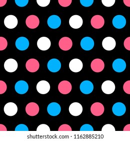 Brihgt polka dot pattern. Red, blue and white dots, big circles on black background.
