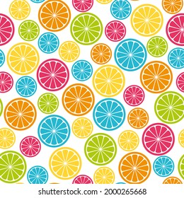 Brihgt seamless pattern with abstract colourfull citrus slices. Summer fresh fruits, vitamins. Vector illustration, background, wallpaper, texture for fabric, textile, packaging