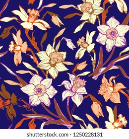 Briht floral seamless pattern with hand drawn flowers daffodils, narcissus. Colorful floral elements on dark blue background. Design for textile, fabric, wallpaper, packaging.Vector Illustration
