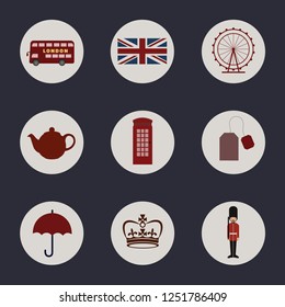 Briitsh Symbols: The Union Jack, The London Eye, Queen's Guard, Teapot, Teabag, Umbrella, Double Decker, Crown, Phone Booth