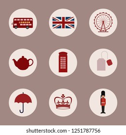 Briitsh Symbols: The Union Jack, The London Eye, Queen's Guard, Teapot, Teabag, Umbrella, Double Decker, Crown, Phone Booth