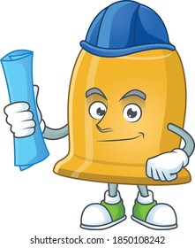 brilliant Architect bell mascot design style with blue prints and helmet. Vector illustration