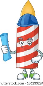 brilliant Architect candle mascot design style with blue prints and helmet. Vector illustration