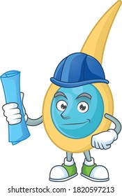 brilliant Architect clostridium tetani mascot design style with blue prints and helmet. Vector illustration
