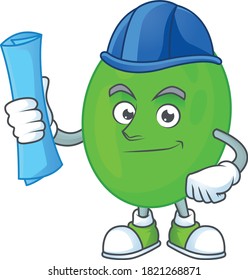 brilliant Architect cocci mascot design style with blue prints and helmet. Vector illustration