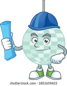 brilliant Architect disco ball mascot design style with blue prints and helmet. Vector illustration