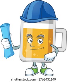 brilliant Architect glass of beer mascot design style with blue prints and helmet