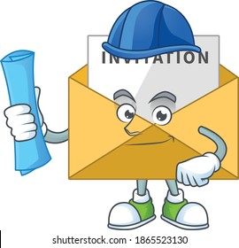 brilliant Architect invitation message mascot design style with blue prints and helmet. Vector illustration