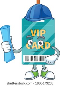 brilliant Architect VIP pass card mascot design style with blue prints and helmet. Vector illustration