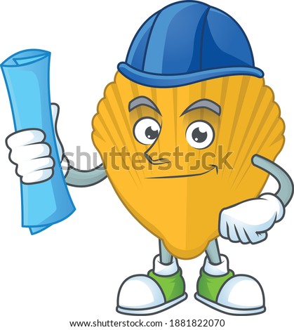 brilliant Architect yellow clamp mascot design style with blue prints and helmet. Vector illustration