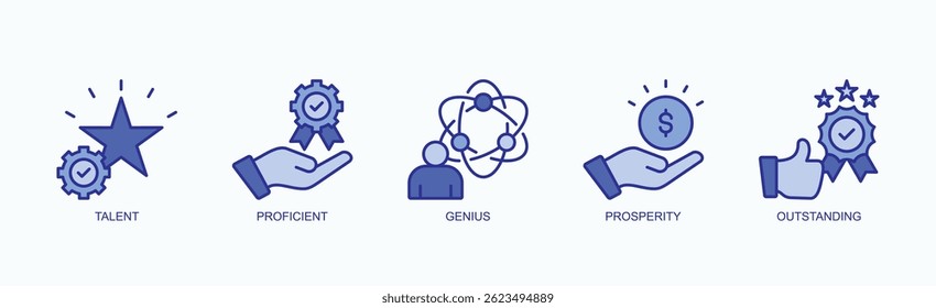 Brilhante Ícone Ascendente Conjunto Isolado Vetor Com Ícone De Talento, Proficiente, Gênio, Prosperidade, Excelente Em Estilo Azul
