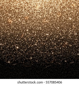 Brilliant background with abstract light. Golden dust particles on a black backdrop.
