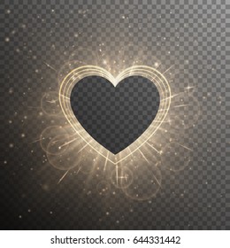 Brilliant background with christmas lights. Glittering golden frame of the heart on a transparent backdrop.