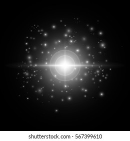 Brilliant background with gold lights. Star glow on a black backdrop. Vector illustration
