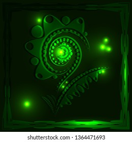 Brilliant bright green large flower in a carved neon frame. To create a summer mood.