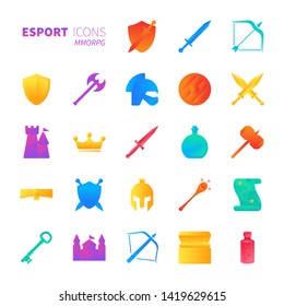 Brilliant colorful gradient icon set of MMORPG video game and esport concept.