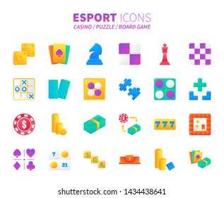 Brilliant colorful gradient icon set of casino, puzzle and board game. Esport concept.