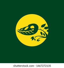 A brilliant and creative vector logo where a Tyrannosaurus Rex (T-Rex) head is artistically formed using prehistoric plant vines and tropical leaves. The design features a deep green silhouette against a bright yellow circular sun, symbolizing the fusion of ancient wildlife and lush nature. This unique emblem is perfect for eco-friendly brands with a bold personality, botanical gardens, dinosaur-themed attractions, creative studios, and streetwear brands looking for a legendary natural identity.