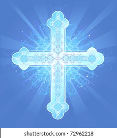brilliant decorated in a pattern, Christian, Latin cross on a blue background radiant.