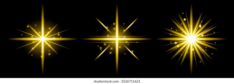 Brilliant flashes of gold color. Vector luminous stars for Christmas.