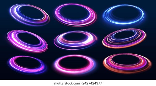 Brilliant galaxy light blue ellipse glowing podium. Space tunnel. Light everyday glowing effect. semicircular wave, light vortex wake. Bright spira.