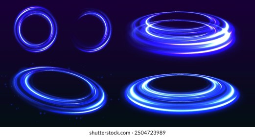 Brilliant galaxy light blue ellipse glowing podium. Abstract bright neon loop with transparency. Glowing spiral cover.Neon light circle of speed in the form of a round whirlpool.