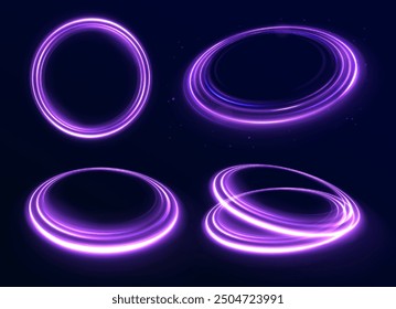Brilliant galaxy light blue ellipse glowing podium. Abstract bright neon loop with transparency. Glowing spiral cover.Neon light circle of speed in the form of a round whirlpool.
