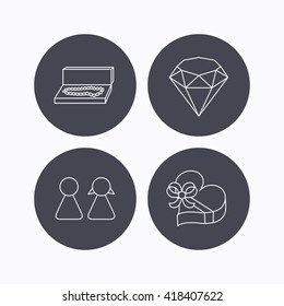 Brilliant, gift box and couple icons. Box with jewelry linear sign. Flat icons in circle buttons on white background. Vector