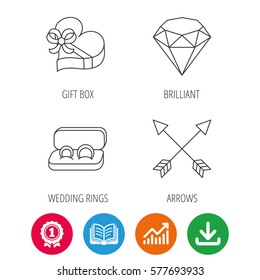 Brilliant, gift box and wedding rings icons. Arrows linear signs. Award medal, growth chart and opened book web icons. Download arrow. Vector