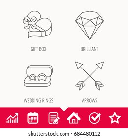 Brilliant, gift box and wedding rings icons. Arrows linear signs. Edit document, Calendar and Graph chart signs. Star, Check and House web icons. Vector