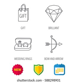 Brilliant, gift and wedding rings icons. Bow and arrow linear signs. Shield protection, calendar and new tag web icons. Vector
